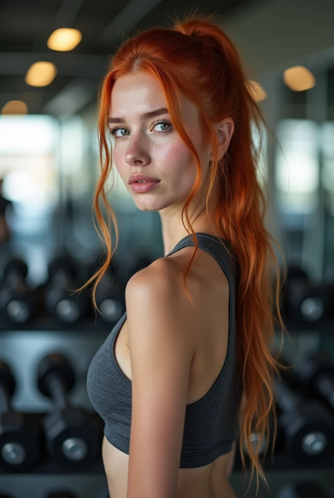 Youngh, 20 years old, long red hair, brown-eyed, realisitic, wearing gym clothes working out