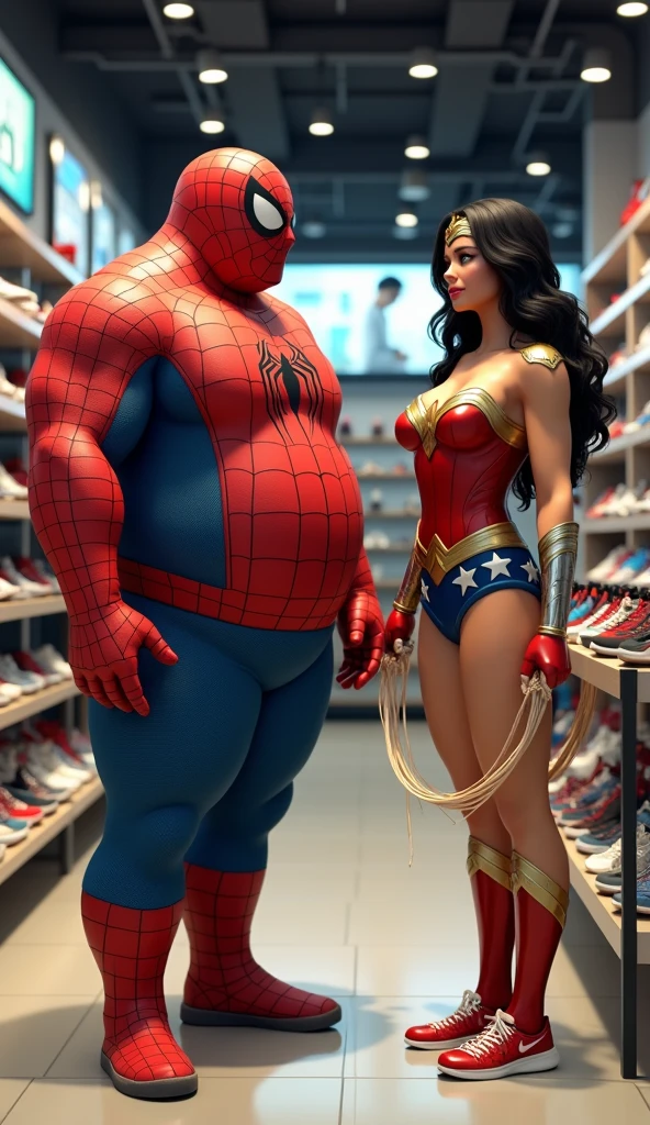 A very big Spider-Man and girlfriend family pregnant big belly is standing in a shopping mall and many people are crowding around him. People are very small compared to spiderman. Everyone is surprised to see that spiderman's body is very big.