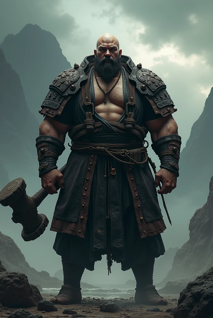 a dark man, of very great height, hairless, with lots of chest hair, brawny, full and big beard, baldie, hairless, and very tasty