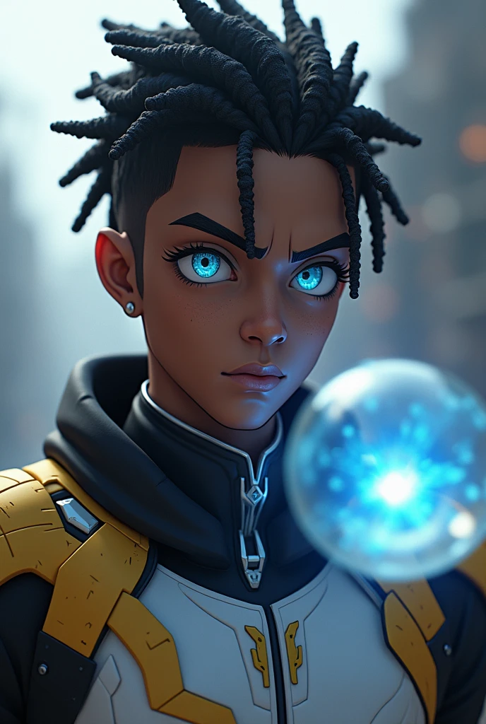 (8k, 3d render, highest quality), (best anime quality:1. 7), a windy day, a black male age 23, (glowing blue eyes:1.4), few freckles, (black dreadlock cropped hair:1.4). Black & Gold and white futuristic sleek suit, fighting pose at force tech academy, (floating mystical glowing orb:1.4), (highest quality face), (highest quality clothes), (best shadow), intricate details, cinematic, detailed, dynamic shadows