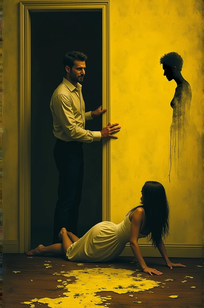Man crying against the background of naked couple hugging 