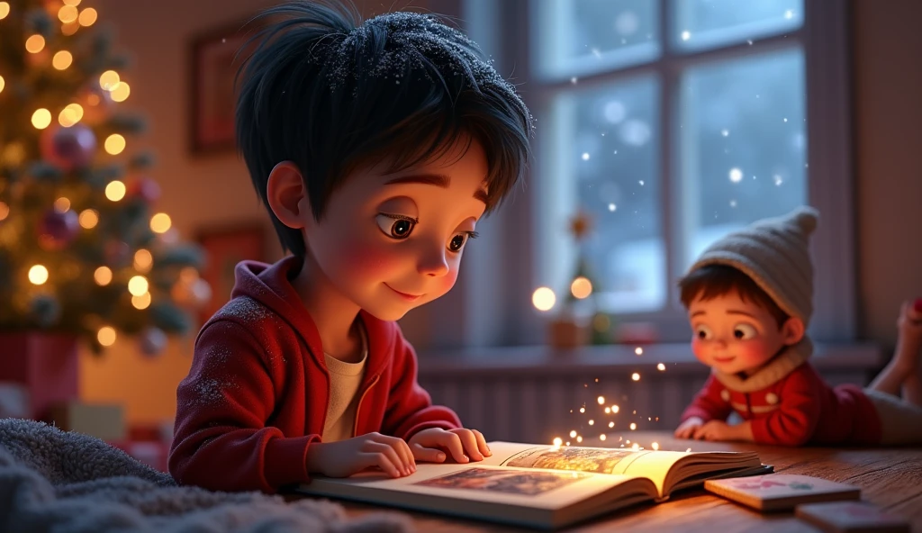 happy child, reading a book where disney characters are coming out of it, that this scenario reminds us of the magic that Disney transmits.
Child with a smaller size and plush toys with a large size.
