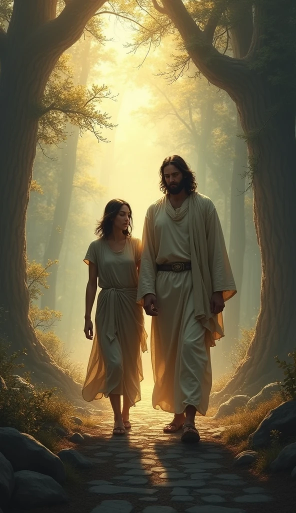 Visualize a person walking along a path through a lush, green forest. The path is bathed in soft sunlight filtering through the trees. Jesus walks beside them, His presence glowing with a gentle light, offering comfort and guidance in times of trouble.