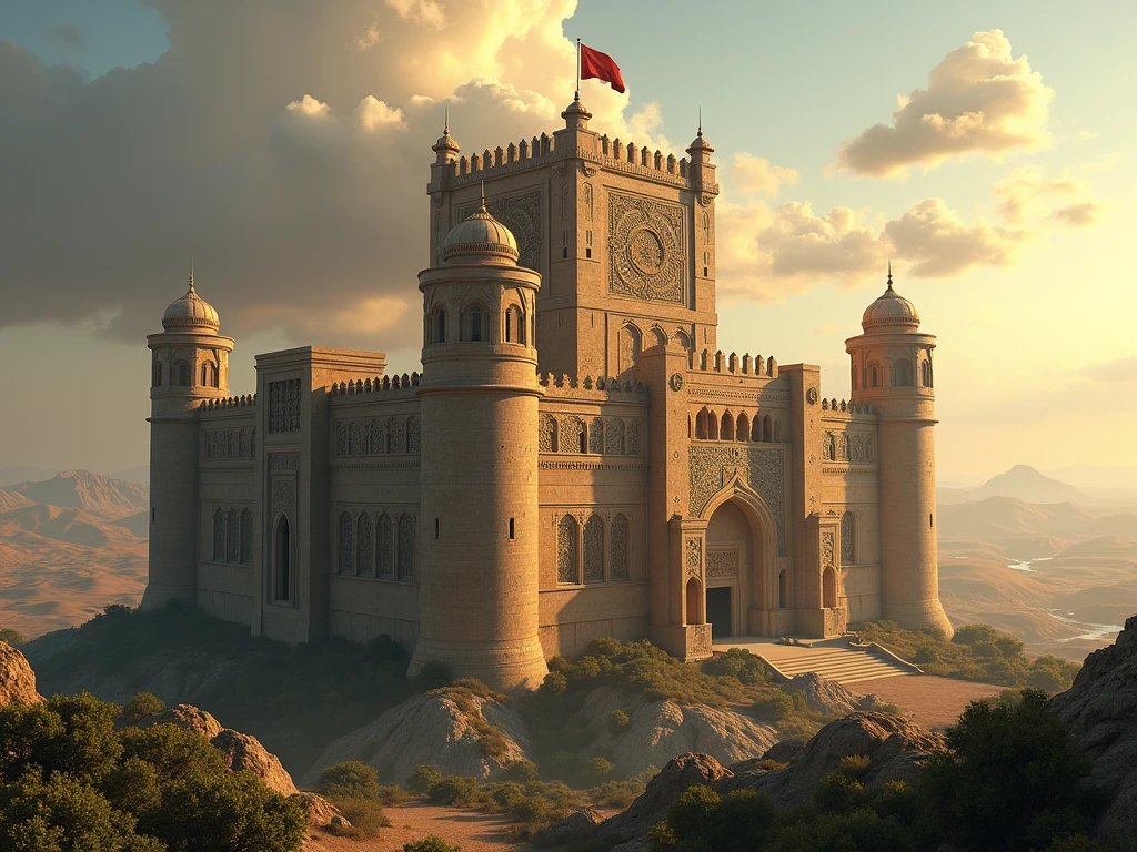 Persian old castle with lion and sun flag