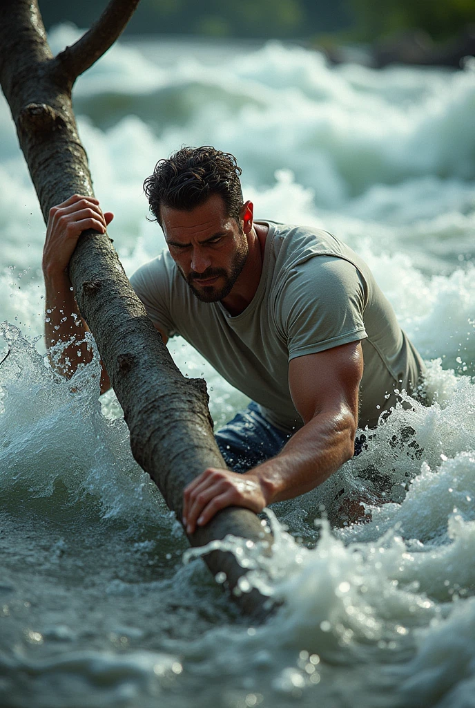 The man pulling the stone out of the river with a look of determination