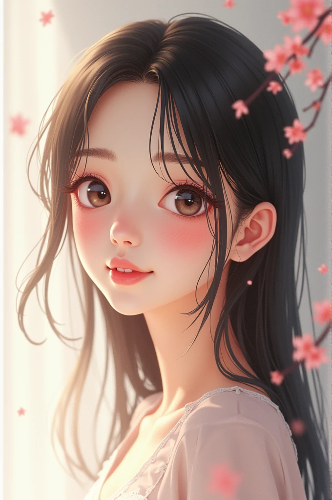 (highest quality, masterpiece, Ultra-realistic), Beautiful and delicate girl portrait, Playful and cute, Floating petals in the background