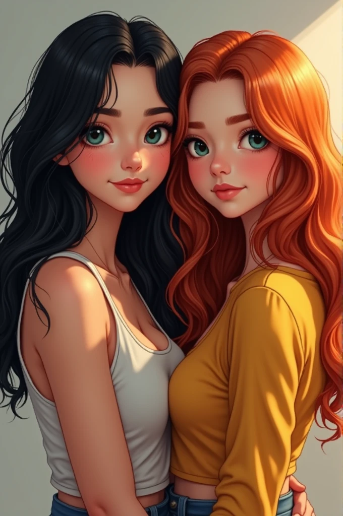 Create image of sisters.
A 29-year-old fat older sister.
A thin 15-year-old younger sister.
They both have dyed red hair and you can see their roots., The older sister has longer hair.
They measure the same.
They have very similar facial features.
large eyes, long and curly eyelashes