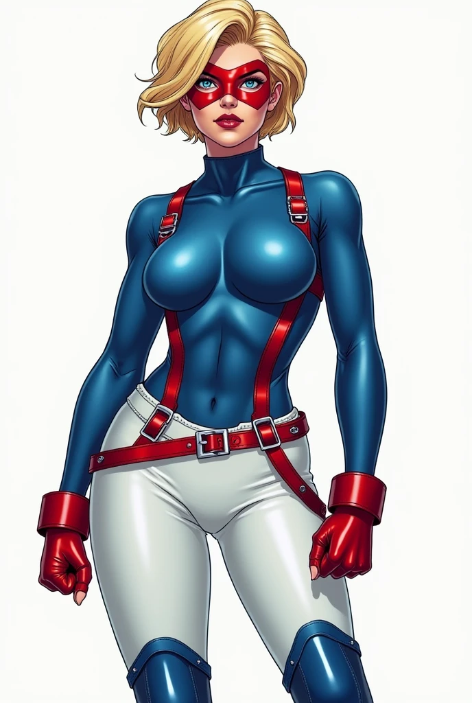 Blonde girl with short hair, blue eyes wearing a blue hero costume, cleavage showing her breasts, blue latex costume with red details, with a red Saluting like a soldier
