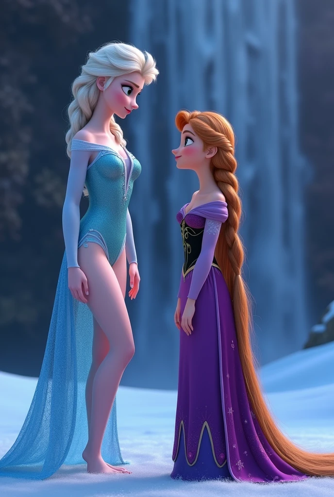 Elsa and Anna ((2girls)) in bikinis having fun, background a frozen sea with icebergs ((masterpiece)) ((best quality)) ((highly detailed))