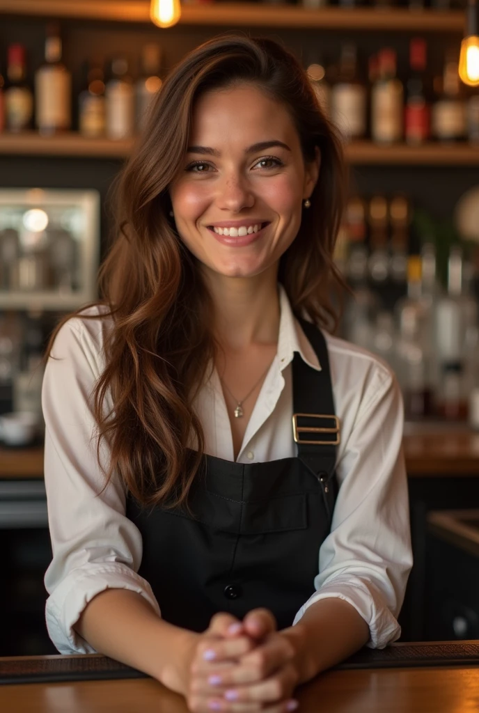 Beautiful smiling uniformed woman with her bottles of beer in her hand in the foreground serving the customer behind her a wide variety of drinks in impressive spectacular bar