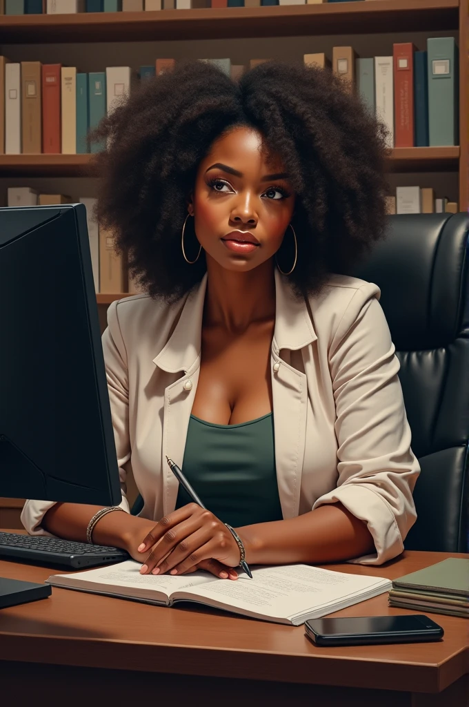 hyperrealistic image of african american woman in black suit with afro who is looking at computer screen in an office. wearing black suit, landscape, desk is littered with cigarettes