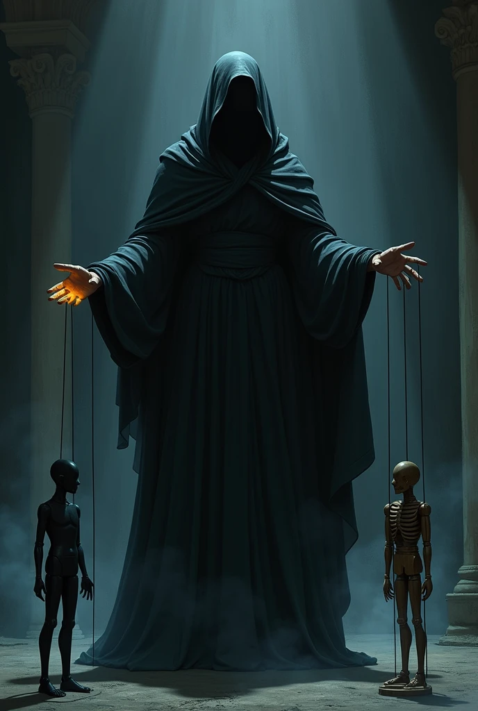 generate an image where a Greek god in a black cloak moves a silhouette and a marionette puppet in the dark only the outlines are visible