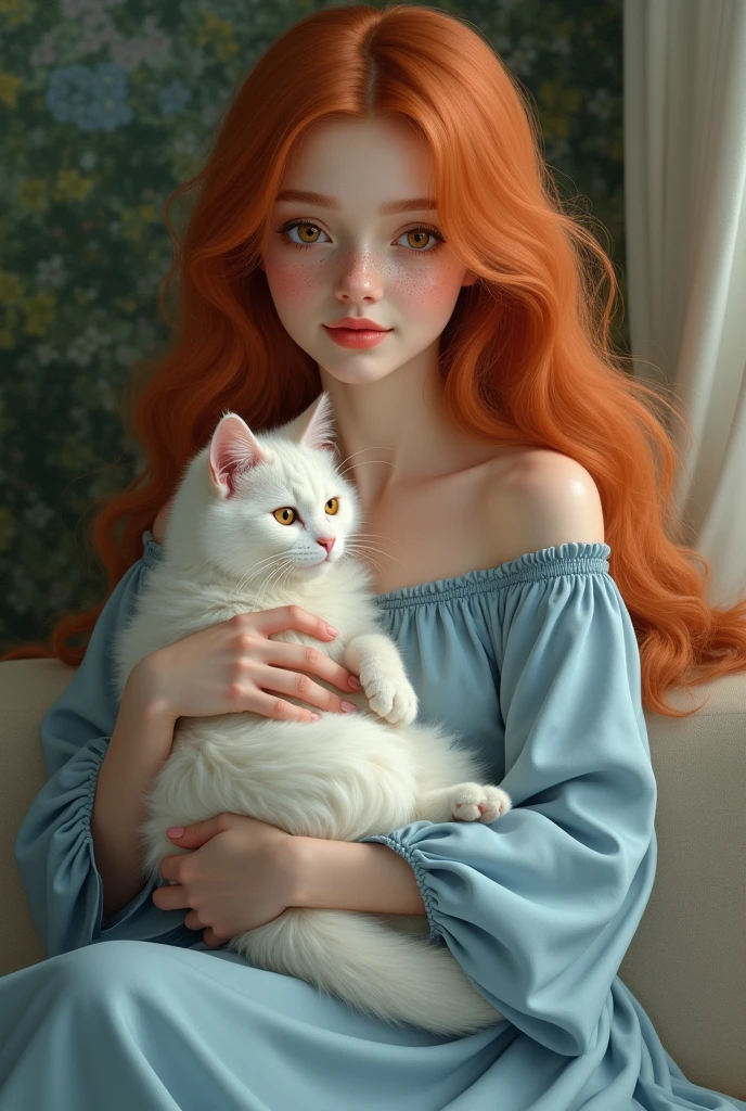 Show me a in a blue dress, freckles and long red hair, with a beautiful white angora cat in her arms.