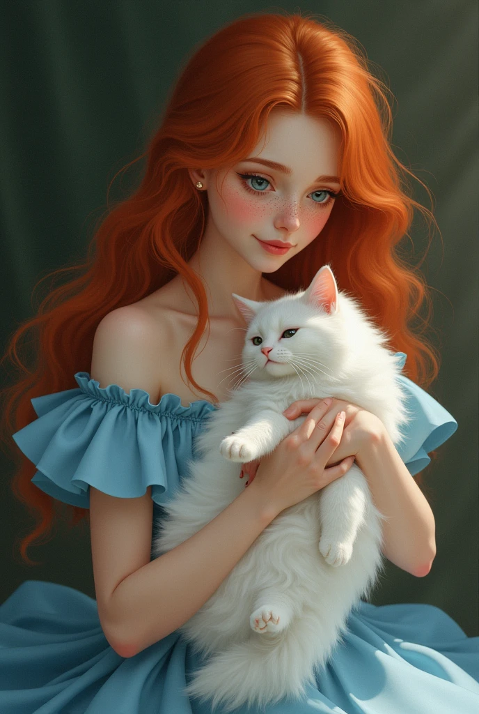 Show me a in a blue dress, freckles and long red hair, with a beautiful white angora cat in her arms.