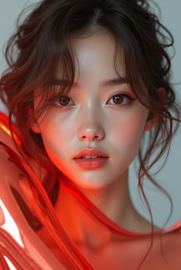 20 year old girl, sexy model, red theme, long hair, high contrast (Natural skin texture, Hyperrealism, Soft Light, sharp), portrait, standing, kpop