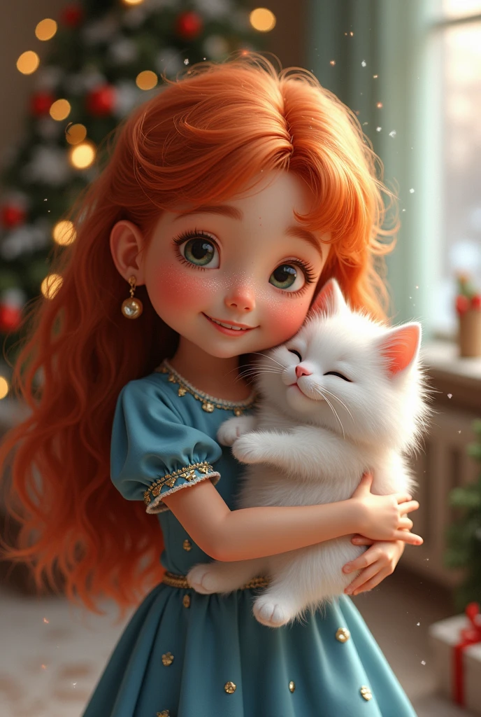 Show me a in a blue dress, freckles and long red hair, with a beautiful white angora cat in her arms.