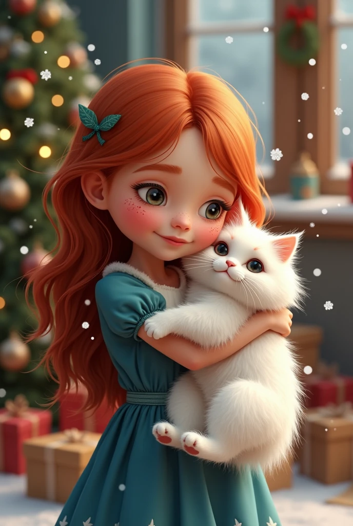 Show me a in a blue dress, freckles and long red hair, with a beautiful white angora cat in her arms.