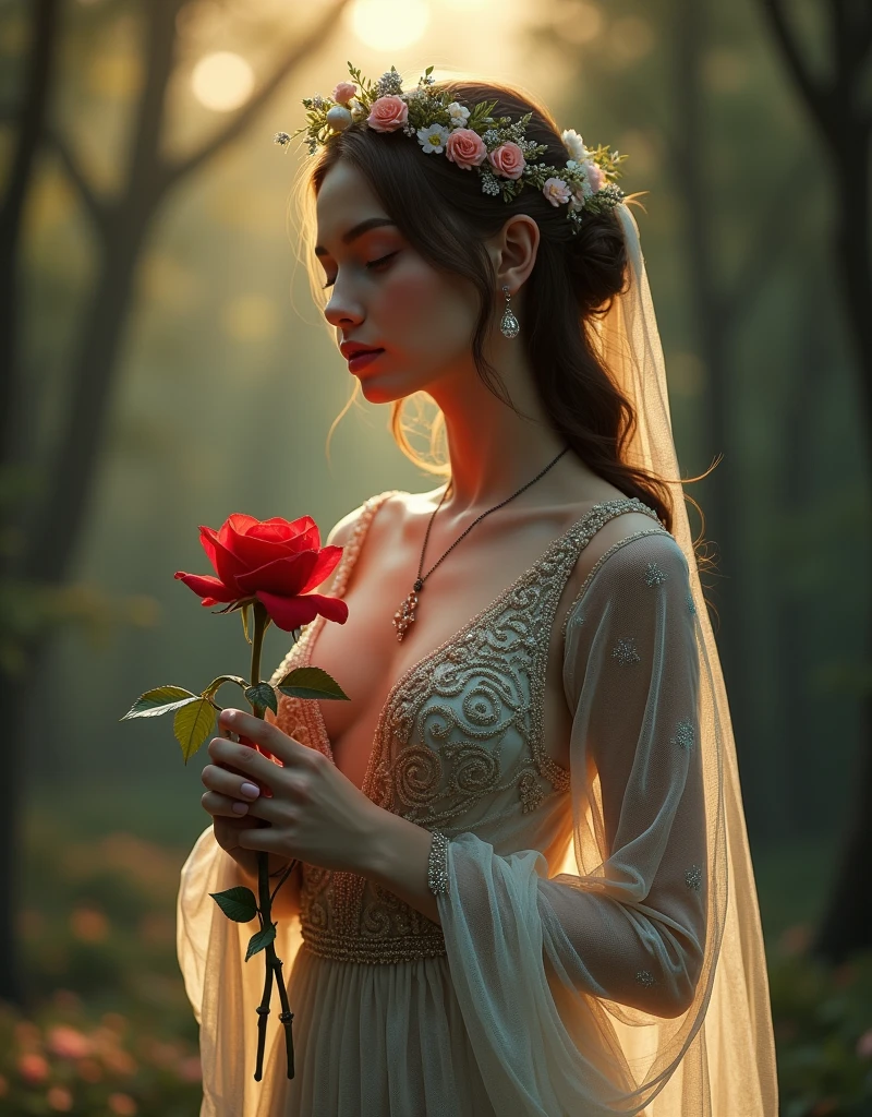 A woman with long Laughs hair, two color eyes (green and brown), she wears a greek goddess style outfit, wears a crown of Dead roses. She has powers and is Holding a dead rose. She is old and has a burn scar on her right shoulder.