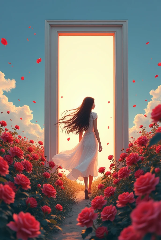  Long black haired girl wearing white dress goes through a white door and walks in a field of red roses we see the sun and the blue color air