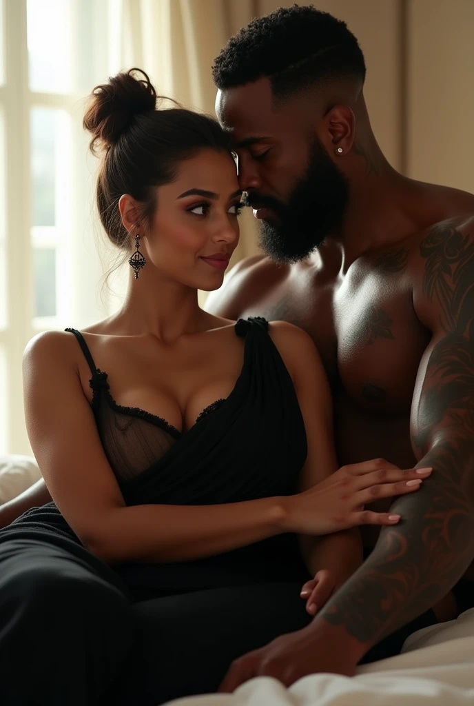 (full-body photo of three people in a posh room, 2_men, 1_woman where the woman is sexually humiliating the husband). woman is a stunning Indian wife with a (naughty smile) on (her perfect face).(pleats, loose bun). (Short & thick, , is (((squatting directly upon a indian man))) who is laying on the floor,) . (She is dressed in a scanty black lingerie set, stockings, high waist underwear, pear shaped round ass, mischievous eyes, heavy makeup, (thick legs), silver anklets).
(Man 1 is a muscular, naked , black man. He has a massive penis, veiny penis. He is standing in front of woman1 smiling devilishly.)
(Man 2 is an indian man, wearing only a pair of white vest is lying down on a plush velvet rug. His posture is one of submission, eyes cast downward in a mix of arousal and obedience. He is sniffing his wife's ass)