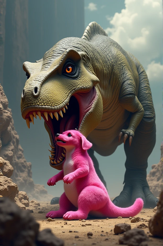 In the town of Bedrock, a pink brontosaurus acts like a crane on a construction site, a cave woman in a stone control room on the dinosaurs back directs its activity,. It is lifting and placing shaped boulders using its mouth