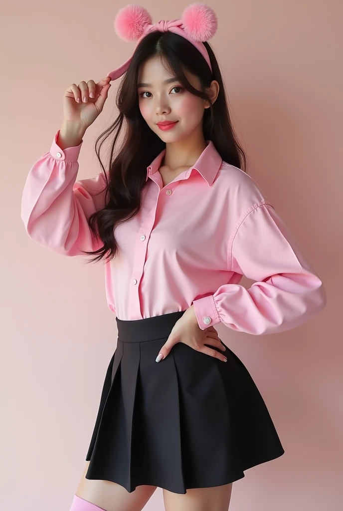 Light pink blouse,Flared mini skirt,16 years old,high school girl,Black Hair,bangs,Straight Hair,ponytail,Dark Eyes,Small Face,Young face,Clean eyes,Small Mouth,slender,Young face,,A Cup,In town,live-action,Realistic photos,8K,Smile,Ultra HD,Standing posture,whole body,Pure girl