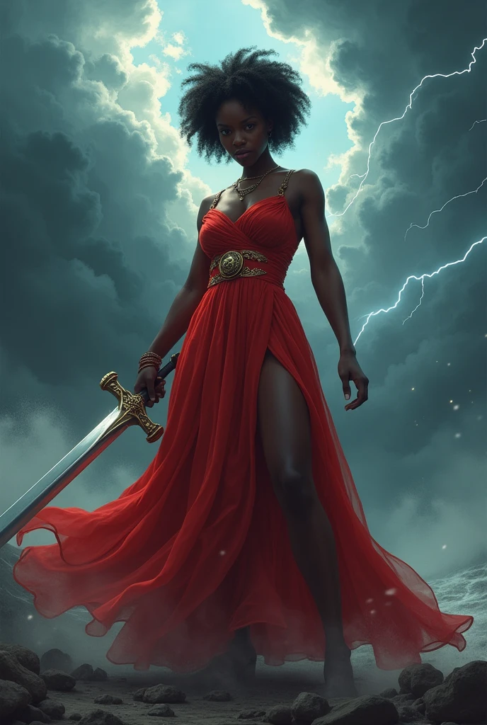 african woman, red and gold dress, reina de las tormentas good heavens y wind , gold coins, long wavy black hair updo , full moon, necklaces. jewelry, , wind , sexy, inside a storm, good heavens , knife in hand, warrior,
