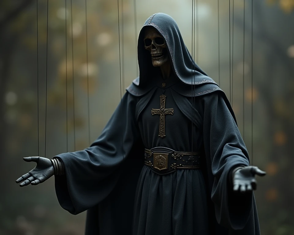 Exu man, skull, crucifix, seventeenth century, black cape. Background: ancient cemetery, chains, extreme realistic, light particles, maximum focus, realistic body, realistic face, professional lighting, octane render, beautiful features, unlimited light, magnificent, detailed skin texture, extreme details, cinematic lighting, (masterpiece), (ultra detailed), (Ultra-HD), focus --auto --s2