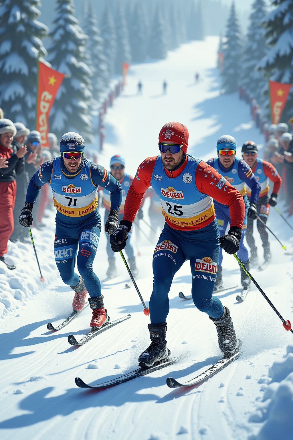 A high-energy and detailed depiction of a cross-country skiing competition, where a group of determined athletes races toward the finish line in a fierce contest of speed and endurance. The skiers are captured in dynamic mid-motion, their skis slicing through the groomed snow trail, and their poles digging into the ground for maximum propulsion. Each athlete wears colorful, tight-fitting winter gear prominently adorned with advertisements from popular beer brands, such as bold logos and slogans for pilsners, lagers, and craft brews. Frost clings to their goggles and faces, and their visible breath adds to the cold intensity of the scene.

The snowy environment is vibrant, with rolling white hills and tall, frost-covered evergreens lining the trail. Cheering spectators bundled in winter gear stand at the sidelines, waving banners and clapping enthusiastically. The finish line is visible in the distance, marked with colorful flags and more beer-related advertisements, contributing to the festive, celebratory atmosphere of the event.

In the foreground, the leading skiers push themselves to the limit, their focused expressions and powerful movements embodying the competitive spirit. The scene conveys a blend of athleticism, excitement, and lighthearted humor, with the playful incorporation of beer brands as a nod to post-race celebration.