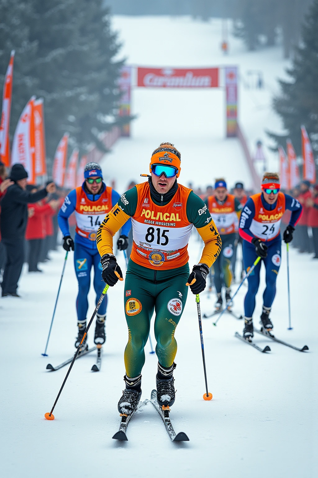 A high-energy and detailed depiction of a cross-country skiing competition, where a group of determined athletes races toward the finish line in a fierce contest of speed and endurance. The skiers are captured in dynamic mid-motion, their skis slicing through the groomed snow trail, and their poles digging into the ground for maximum propulsion. Each athlete wears colorful, tight-fitting winter gear prominently adorned with advertisements from popular beer brands, such as bold logos and slogans for pilsners, lagers, and craft brews. Frost clings to their goggles and faces, and their visible breath adds to the cold intensity of the scene.

The snowy environment is vibrant, with rolling white hills and tall, frost-covered evergreens lining the trail. Cheering spectators bundled in winter gear stand at the sidelines, waving banners and clapping enthusiastically. The finish line is visible in the distance, marked with colorful flags and more beer-related advertisements, contributing to the festive, celebratory atmosphere of the event.

In the foreground, the leading skiers push themselves to the limit, their focused expressions and powerful movements embodying the competitive spirit. The scene conveys a blend of athleticism, excitement, and lighthearted humor, with the playful incorporation of beer brands as a nod to post-race celebration.