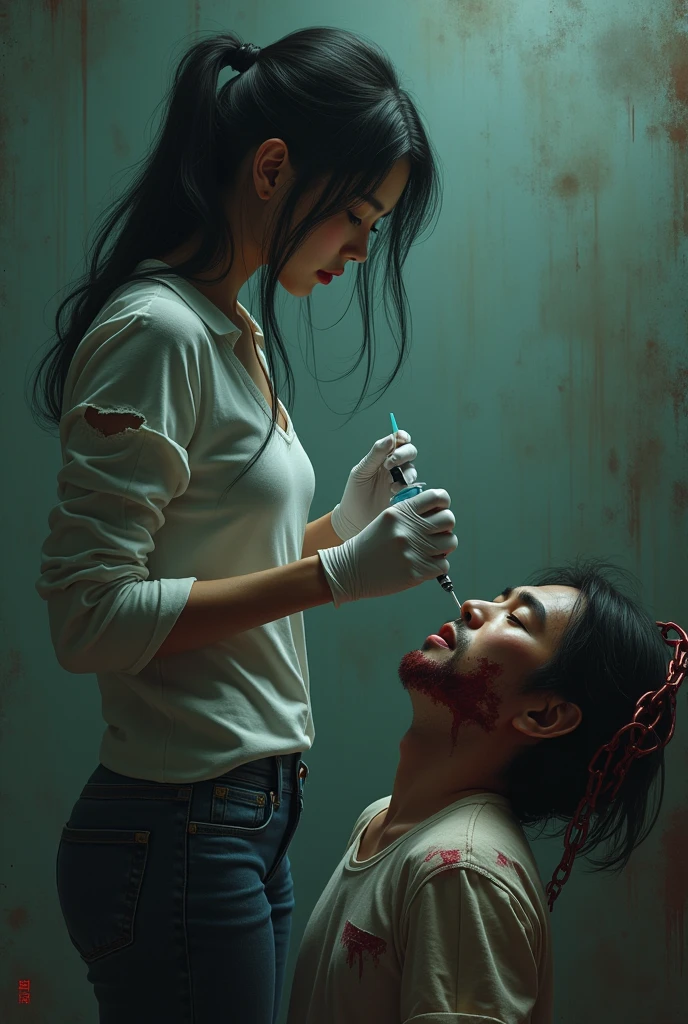 Crazy, horror, 17-year-old man, naked with an apron full of blood, is behind a seated, bloody woman. The man has a machete and is splitting open the head of the screaming woman. Human head being traded in a traditional market, on a top of table, human trafficking, bleeding, woman's head, open mouth, ((eyes closed)), bleeding, photorealistic, 4K, Nikon, horror, public market, beautiful asian face