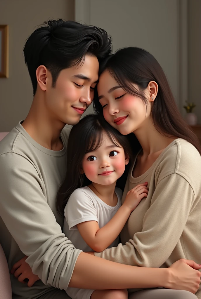 "A Korean girl with long black hair, wearing pajamas, in a bright room with light pink walls. The scene is in ridiculously high resolution, Super sharp details, With stunning 8K picture quality. The art is a true masterpiece, Realistic image shows Korean girl with her 8 daughter,brownhair, medium,in bed and his father " 1 American man in Colombia, stark, BRAÇOS starkS, 90 kg ((muscular and tall)),Youngh, graduated beard, short black cut hair, face a little Wide from a white blouse and wide black cotton pants, light brown. We are sitting down to agree