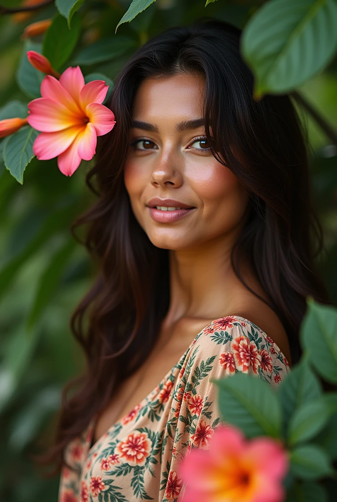A Brazilian woman in a lush tropical garden, wearing an open shirt with a floral print, with a close-up capturing the harmonious beauty between her breasts and the natural flowers, showing off your natural charm and outgoing personality.