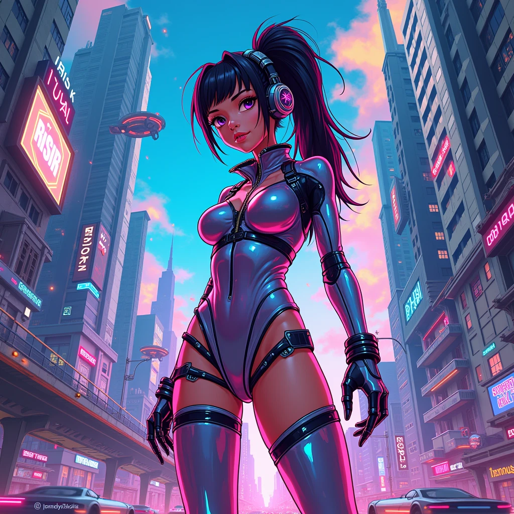 neon cyberpunk beautiful arab woman in middle of composition, (((ultra detailed flat earth futuristic city ))),beautiful arab model, black long hair, detailed and intricate (((space background))), featuring high-tech holographic projections and sleek architecture, nebula and black hole, art by (((Syd Mead, Masamune Shirow, Dylan Kowalski))), highly detailed photo realistic, (((cell shading))), god rays, ultra sharp focus, ultra high quality, vibrant, (very enormous breast:1.7), (bare breasts:1.4), shiny latex is black, latex stockings, long hair, (shiny skin:1.4), shiny lips, very big ass, symmetrical detailed face, toned, sexy, masterpiece
