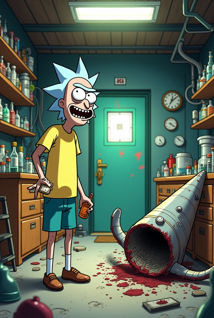 rick sanchez, blue hair, white robe, looking at viewer, serious, angry,  standing, inside garage, holding flask, dark, soft lighting, high quality, masterpiece,  <lora:rick:.8>
