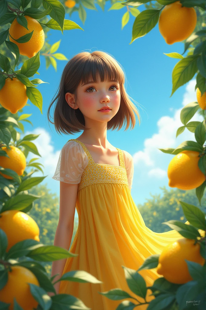 The little girl picked a Mango from a tree. Illustration style, brunette hair, HD.