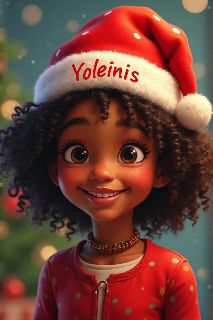 Black girl wearing Christmas hat with the name Yoleinis