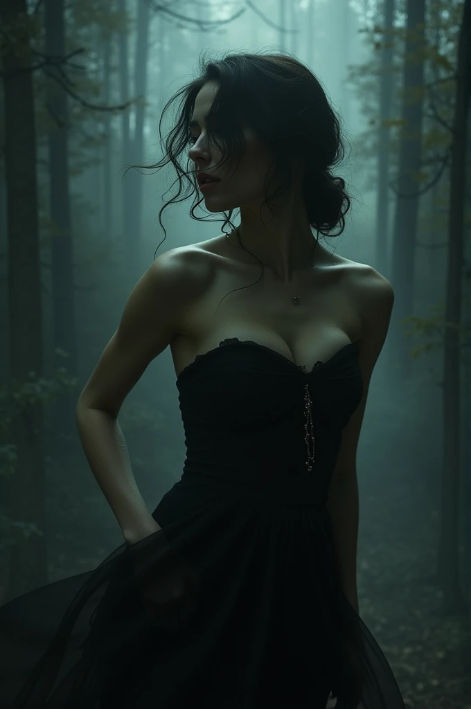 The photo is of a young busty woman standing in a puddle of water. She is wearing a white long-sleeved tight fitting dress with a high slit on the side, revealing her legs. This dress is made of transparent fabric and has a high neckline. The woman has long black hair and is looking away with a serious expression on her face. The background is blurry, but it appears to be an old, dilapidated building with arches and pillars. The overall mood of the image is serious and contemplative.