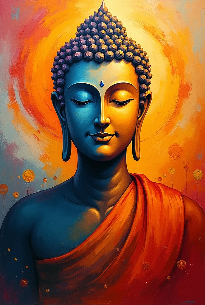 a painting of a buddha holding a lit candle in his hands, buddhism, the buddha, serene expression, buddha, buddhist, enlightened, emanating with blue aura, hd wallpaper, beautiful image, on path to enlightenment, samsara, glowing holy aura, ✏️🎨, beautiful depiction, glowing from within, orange fire/blue ice duality!, amazing wallpaper
