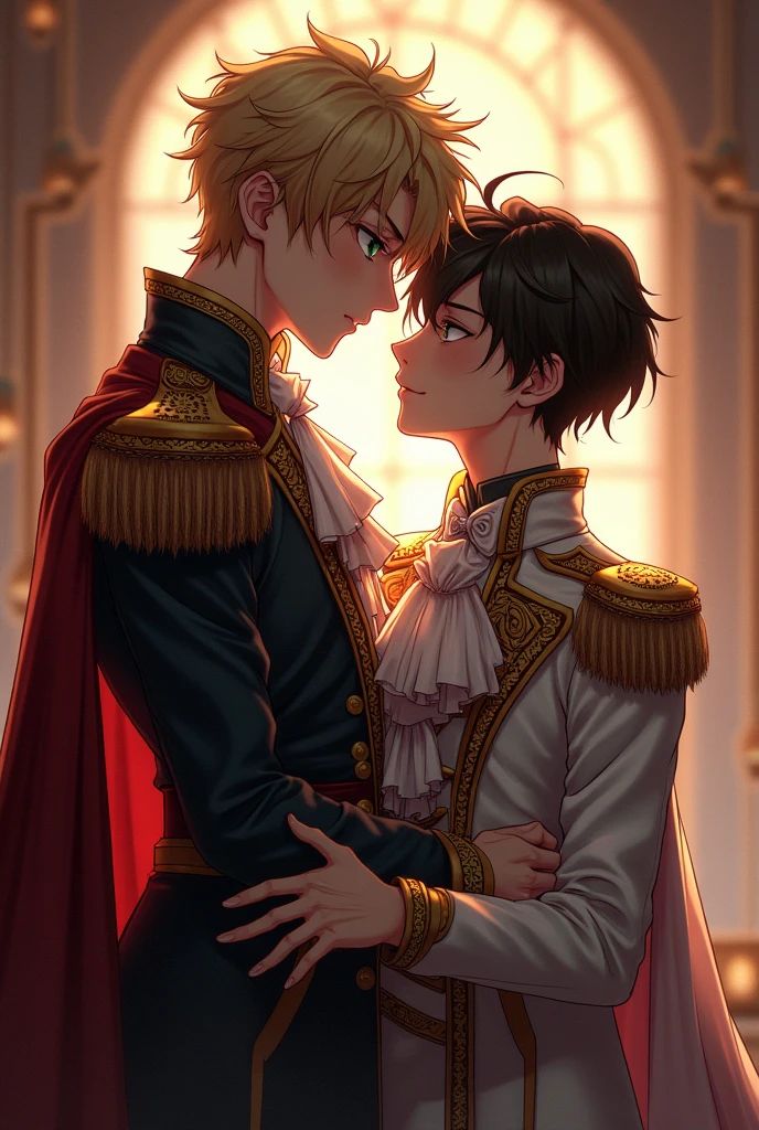 The boy is black hair and red eyes are looked up at handsome boy who was golden hair and golden eyes. Golden hair boy is taller than black hair boy. They wearing royal clothing. They look like a Princes. Black hair boy is beautiful and cute boy. Golden boy is strong and mature and he slightly kissed black hair boy 