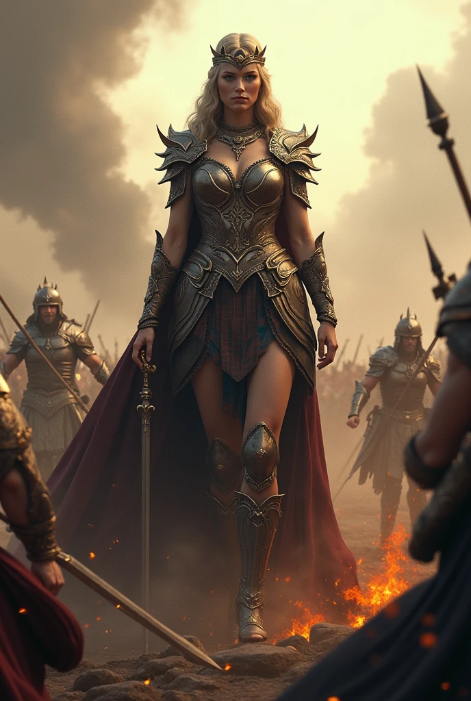 ((best quality)), ((masterpiece)), (detailed), A digital illustration of a furious queen fighting off crowd of monsters with a sword in a desert stormy setting. The woman has long black hair and is wearing a full traditional queen war attire.