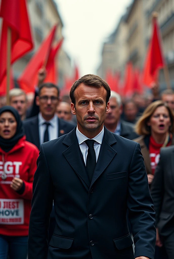 Macron1024, man, full body, street riots, fires, riot police, photography, trending on artstation, sharp focus, studio photo, intricate details, highly detailed, by greg rutkowski <lora:Macron1024:0.9>