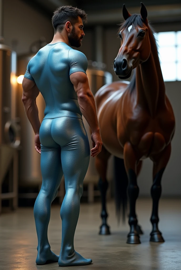 furry male horse, anthro equine, muscular male, solo, muscular thighs, thin waist, nice face, young, shy, standing, looking at viewer, big nipples areaola, big pecs, toned abs, both hands together in front, looking down at viewer, submissive, oiled, sweaty, underwear only, small thong, small bulge.