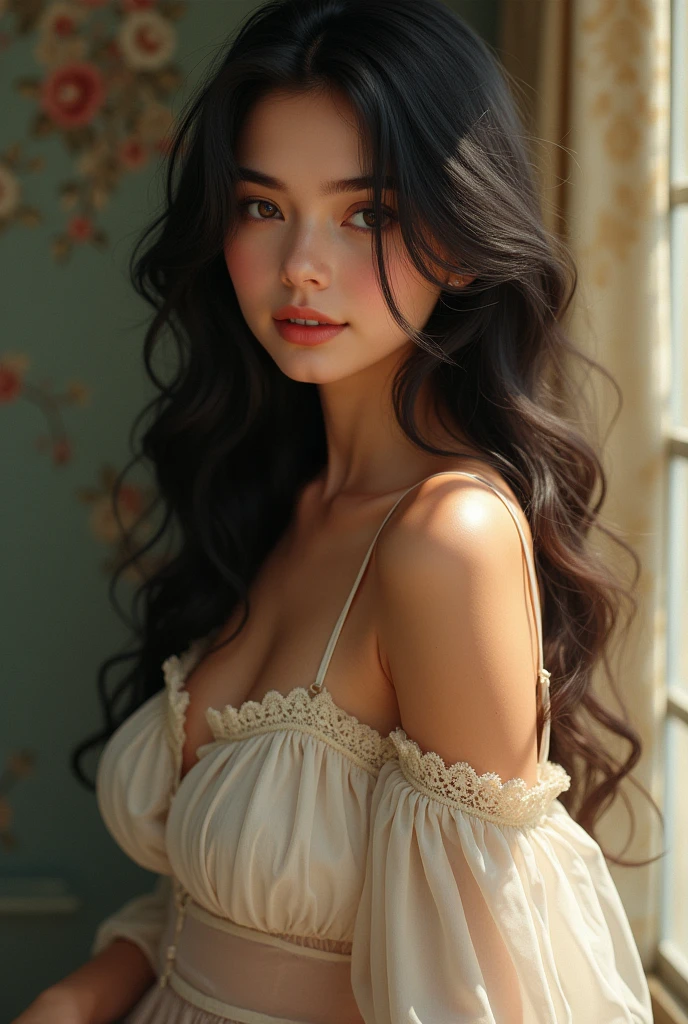 (photorealism:1.2), beautiful woman, sitting on Chair,  pants, long curly hair, , pink colors, by Greg Rutkowski, her name is Baground Manaswi, she is beautiful also