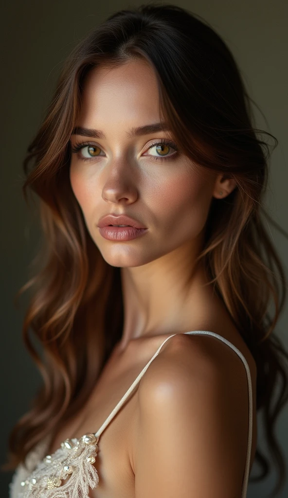 A 25 year old Brazilian woman, brownhair, Caucasian skin.
With a studio background