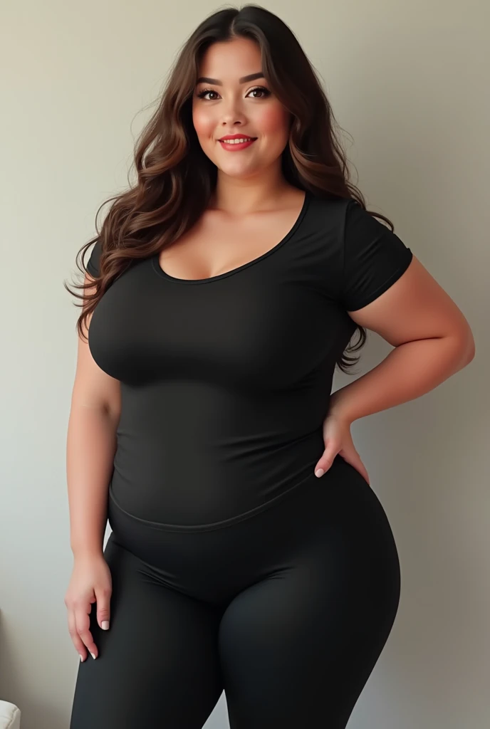 A 50yo milf with curvy body and extra large breasts in black shorts and white micro shirt posing for camera with sexy and seductive pose, best quality, detailed face and eyes, brown hair, full body shot