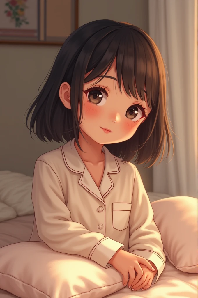 (((Masterpiece, highest quality, high definition, high detail)))), (((modern))) Best god quality, SOLO, SINGLE GIRL, no one in background, solo girl, detailed, a room background, (single girl laying on bed) 1girl, tomboy, dark skin, short brown hair, brown hair, hazel eyes, eyelashes, smug expression, pajamas, booty shorts, oversized shirt, laying down, looking at viewer, facing viewer, smirking stare, blushing, hands undercover, laying in bed, (((SOLO))), (girl in middle standing)