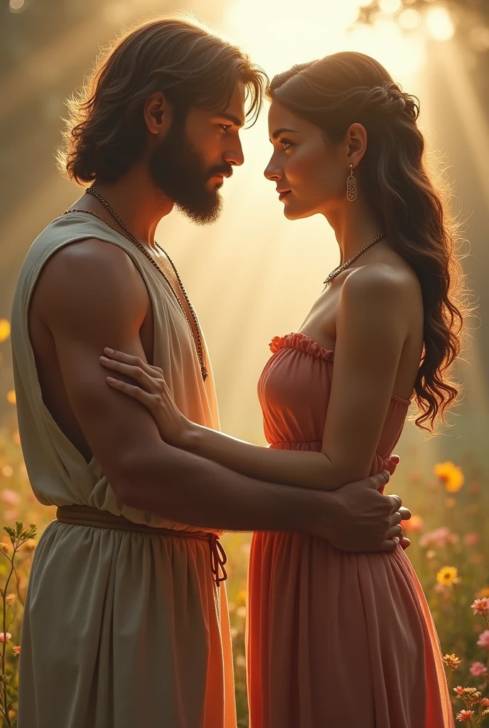 Ariadne and Dionysus, Gods of Greek mythology, Dionysus in the image must be holding a golden cup, smiling a lot, with a crown of vine branch on his head and his clothing must be dark wine, high quality image