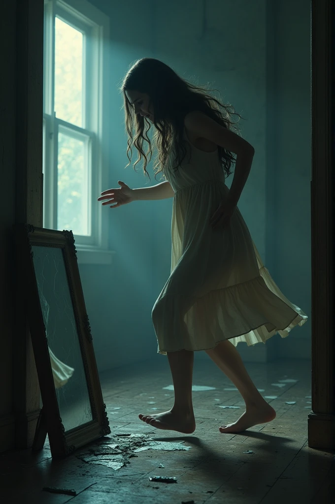 Emily pounds on the door, trying to escape, as the whispers grow louder. horror with ruined furniture and peeling of the wallpapers 

