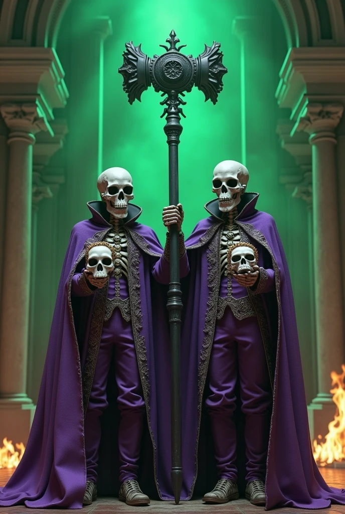 acrobat skulls wear purple 18th century lord clothes ((holding ball masks)) amidst a theater set in green flames, war hammer, Dark fantasy